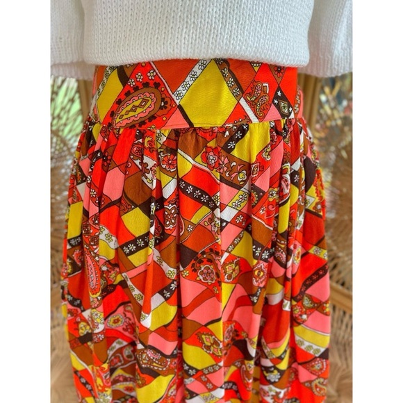 Vintage Retro 60s 70’s Polyester Paisley Orange Yellow Pink Brown A-Line Skirt - Picture 3 of 8
